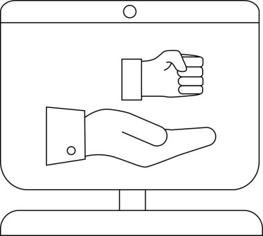 A computer monitor displays two outlined hands one clenched and one open