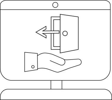 Bir bilgisayar monitörü sol işaret eden bir ok içeren açık bir kapı ile etkileşen bir elin simgesini görüntüler