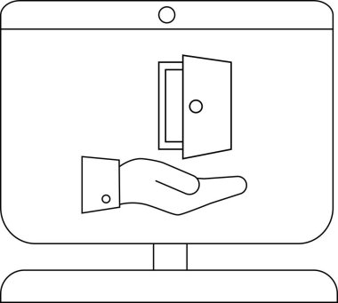 Bir bilgisayar monitörü üzerinde siyah çizgilerle bir kapı olan bir el görüntüler