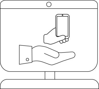 Bir bilgisayar monitörü, bir elin diğerinin üstünde bir akıllı telefonu tuttuğunu gösteriyor.