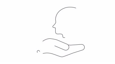 İçinde beyin olan bir kafa profilini tutan bir elin çizgi çizimi