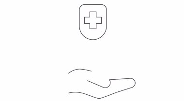 Bir el, beyaz arka planda minimalist siyah çizgiler çizilmiş bir haçla tıbbi bir serum torbasını tutuyor.