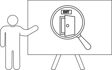 Çubuk adam, tezgahtaki çıkış kapısına odaklanan bir büyüteç sunar.