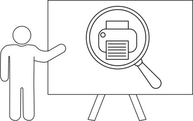 Çubuk figür bir büyüteç içinde bir yazıcı simgesini gösteren bir beyaz tahtaya doğru jest yapar