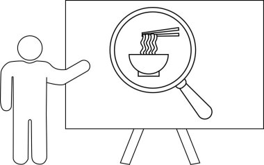 Sunucu beyaz bir tahtanın yanında duruyor. Büyütecin altındaki erişteleri gösteriyor.