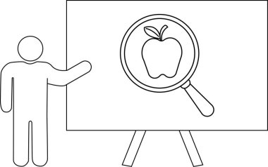 Büyüteçle büyütülmüş bir elmaya doğru hareket eden bir beyaz tahta figürü.