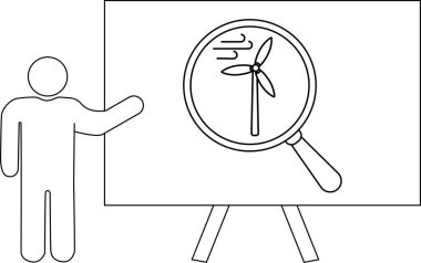 Büyüteç altında çubuk figürlü rüzgar türbini sunumu beyaz tahta standında