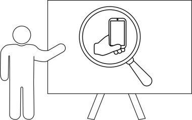 Kişi, çubuk figürlü bir panoda büyültülmüş telefon fotoğrafı sunar