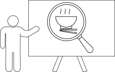 Kişi, içinde yemek çubuklarıyla bir kase erişteyi büyüten bir büyüteç bulunan bir tabloya işaret ediyor.