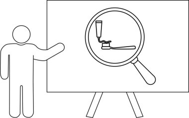 Büyütülmüş diş fırçası ve beyaz tahta sehpadaki diş macununu gösteren kişi.