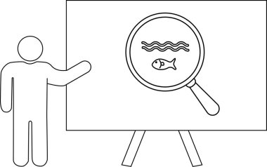 Tahtaya balık ve dalgalarla el kol hareketi yapan kişi tripodun üzerindeki büyüteç altında.