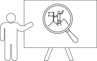 Çizgi çizimi çubuk figürü standda büyüteç altında hedef başarısını sunar