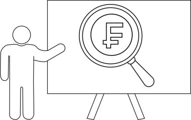 Çizgi çizimi çubuk figürü bir sunum tahtasına karşı büyüteç altında frank sembolü sunuyor