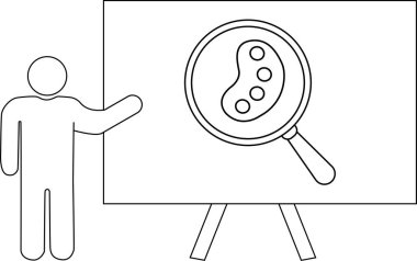 Çubuk figürün çizgi çizimi, üzerinde büyüteç ve daireler olan bir grafik sunuyor.