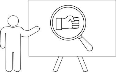 Bir sunucunun çizgi çizimi beyaz bir tahtanın yanında büyüteçin altında bir eli tripodun üzerinde gösteriyor.