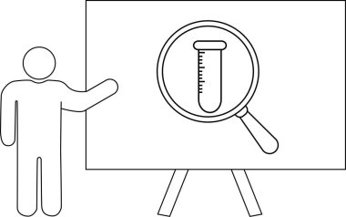 Çizgi çizen sunucu, bir büyüteç altında test tüpü ile beyaz tahtaya jest yapar