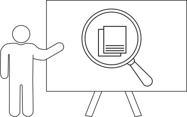 Dağıtılmış kağıtların üzerine büyüteç takılı beyaz tahta çizim figürü