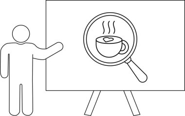 Çizgi sanatı, tahta bir figürün kalp kapaklı bir kahve fincanının üzerinde büyüteçle sunumunu gösteriyor.