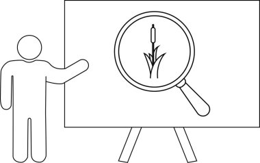 Büyüteç altında kuyruk kuyruğu olan beyaz bir tahtayı sunan bir insan çizgisi.