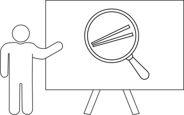 Çizgi sanatı sunucusu, bir tripodun desteklediği sunum tahtasında büyütece işaret ediyor.