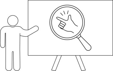 Çizgi sanatı, beyaz tahtayı büyüteç ile sunan bir çöp adam tasvir eder.