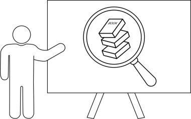 Grafiksel olarak ekranın yanında bir sunucu, araştırma için bir büyüteçle kitapları renklendiriyor