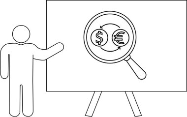 Şekil sunar: Dolar üzerinde bir büyüteç ve döviz oklu avro para birimi sembolleri