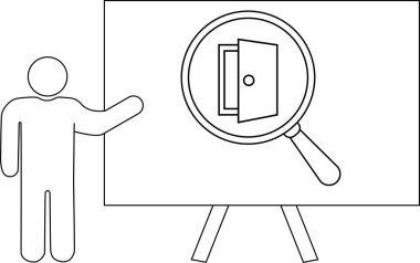 Kısmen açık bir kapının üzerinde büyüteç gösteren sunum panosunun yanındaki figür