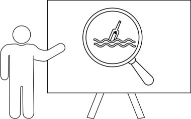 Suyun içinde yüzen bir şişeyi gösteren bir büyüteç ekranının yanında duran bir kişinin ana hatları.