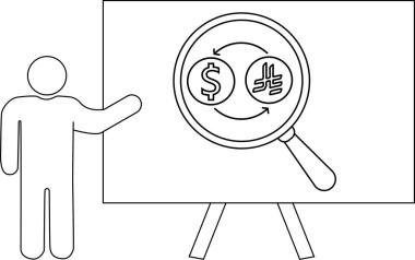 Çubuk bir figür, bir dolar ve kripto para sembolünü inceleyen bir büyüteç gösteren bir beyaz tahta sunar.