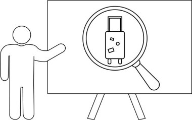 Bir çöp adam, ayakta duran bir tahtanın üzerinde büyüteç altında bir bavul sunar.