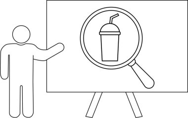 Çubuk bir figür, kamışlı bir fincana odaklanmış bir büyüteçle bir tahta sunar.