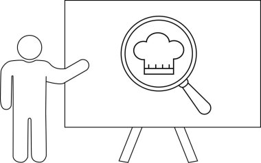 Tahtadaki büyüteçin altındaki şef şapkasını gösteren bir çöp adam.