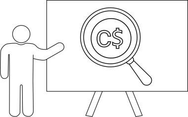 Kanadalı dolar sembolünün üzerinde büyüteçle tahtayı gösteren bir çöp adam.