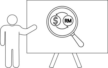 Basit bir grafik, bir dolar döviz kurunun üzerinde büyüteç gösteren bir pano sunan kişiyi gösteriyor.