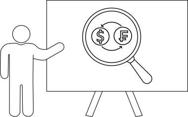 Sunucu, büyüteç altında para birimi sembolleri olan bir beyaz tahtaya işaret ediyor.