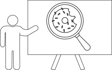 Sunucu elinde büyüteçle bir tahtaya işaret ediyor. Isırıklı bir çöreği vurguluyor.