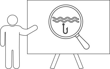 Bir kişi, dalgalı çizgilerin altındaki oltayı vurgulayan bir büyüteçle bir beyaz tahta sunar.