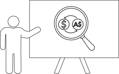 Bir kişi, döviz oklu para birimi sembollerini gösteren bir büyüteçle beyaz tahtayı işaret ediyor.