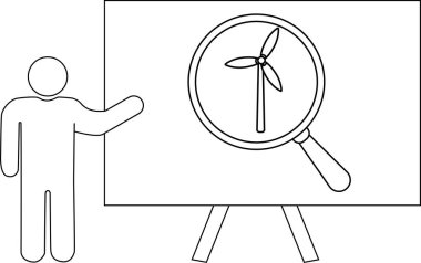 Bir figür, rüzgar türbinine odaklı bir büyüteçle bir beyaz tahta sunar.