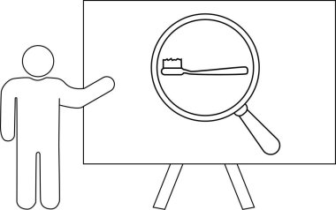 Bir şekil, sehpada büyütülmüş bir diş fırçasını gösteren bir beyaz tahtaya işaret eder.