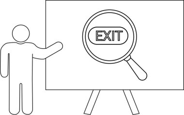 EXIT sözcüğünün bir standın üzerindeki lensle büyütüldüğünü gösteren beyaz tahtaya işaret eden bir figür