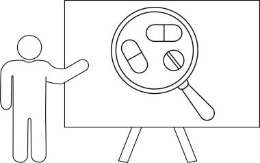 Bir diyagram, sehpanın yanında ilacını büyüteç altında sergileyen birini gösteriyor.