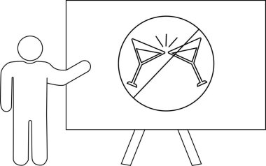 Çemberde çapraz martini bardaklarıyla beyaz tahtada alkol yasağı sunuluyor.