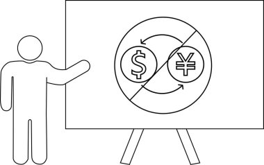 Bir sehpada oklarla işaretlenmiş dollaryen işaretlerini gösteren bir sopa figürü sunucusu