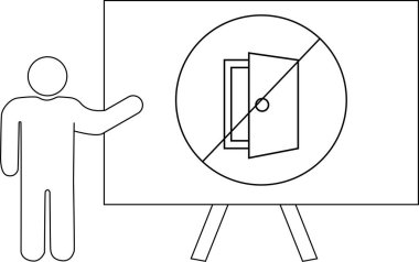 Tahta üzerinde açık bir kapı bulunan yasaklı bir levhayı temsil eden çöp adam.