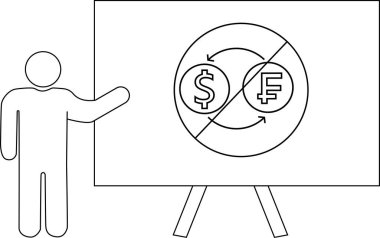 Çubuk figürü, bir çember içinde dolar ve frank sembollerini gösteren, üzerinde çizgi ve eğri oklar olan bir tahtayı işaret ediyor.