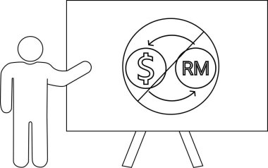 Tahtaya doğru hareket eden çubuk figürü para birimi sembolleri ve okları çapraz bir çizgiyle çevrili bir çemberde gösteriyor.