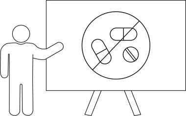 Bir sunumun yanında duran kişi hapların üzerini çizmiş.