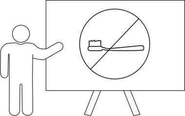 Kişi, tripodun üzerinde diş fırçası yasağı simgesi olan bir tabelayı işaret eder.